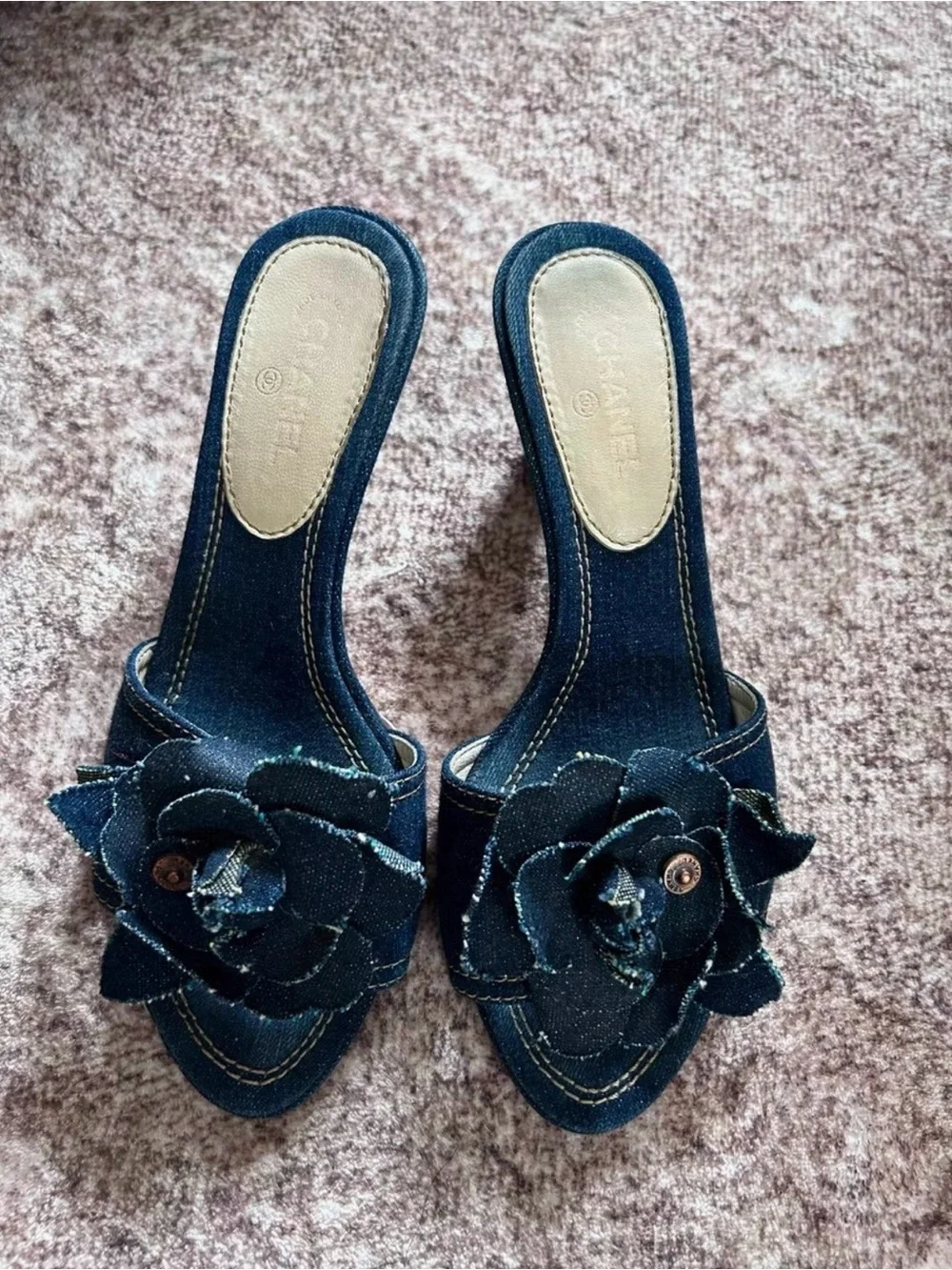 CHANEL Denim Camellia Slide Mules in Dark Blue PLEASE READ DESCRIPTION